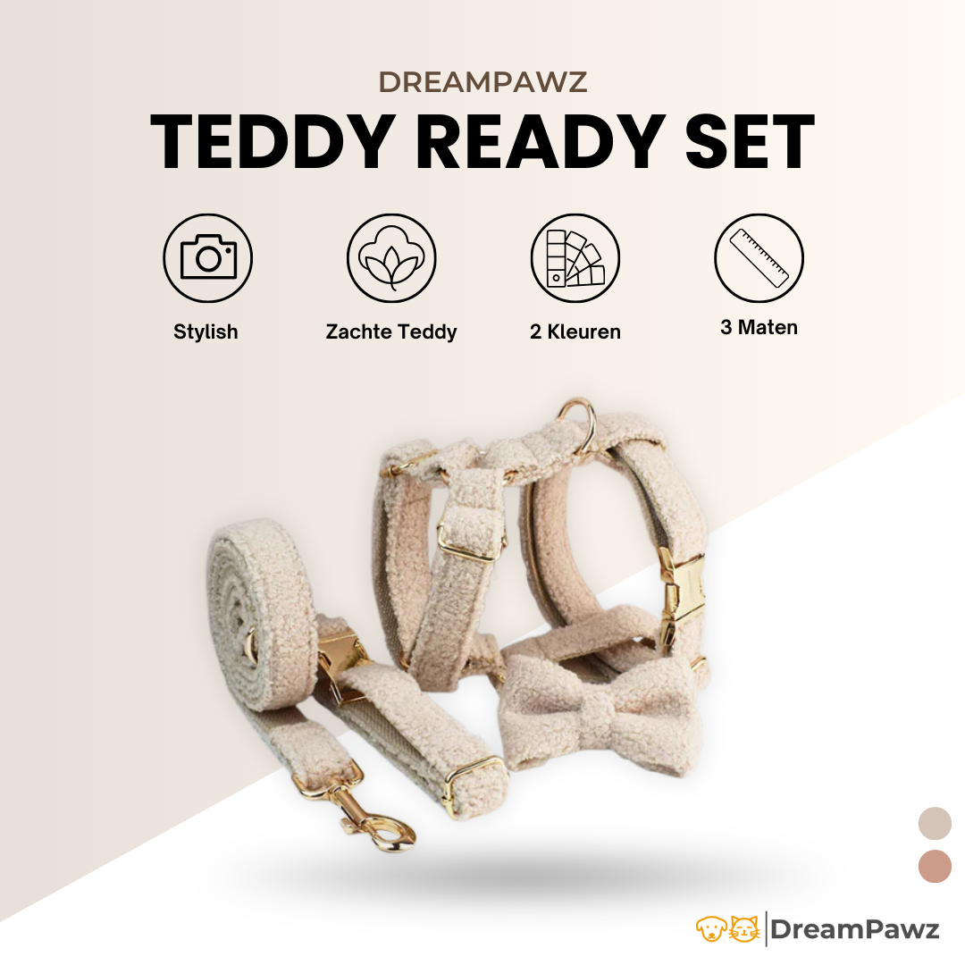 beige teddy ready eigenschappen hondentuigje halsband strik en riem
