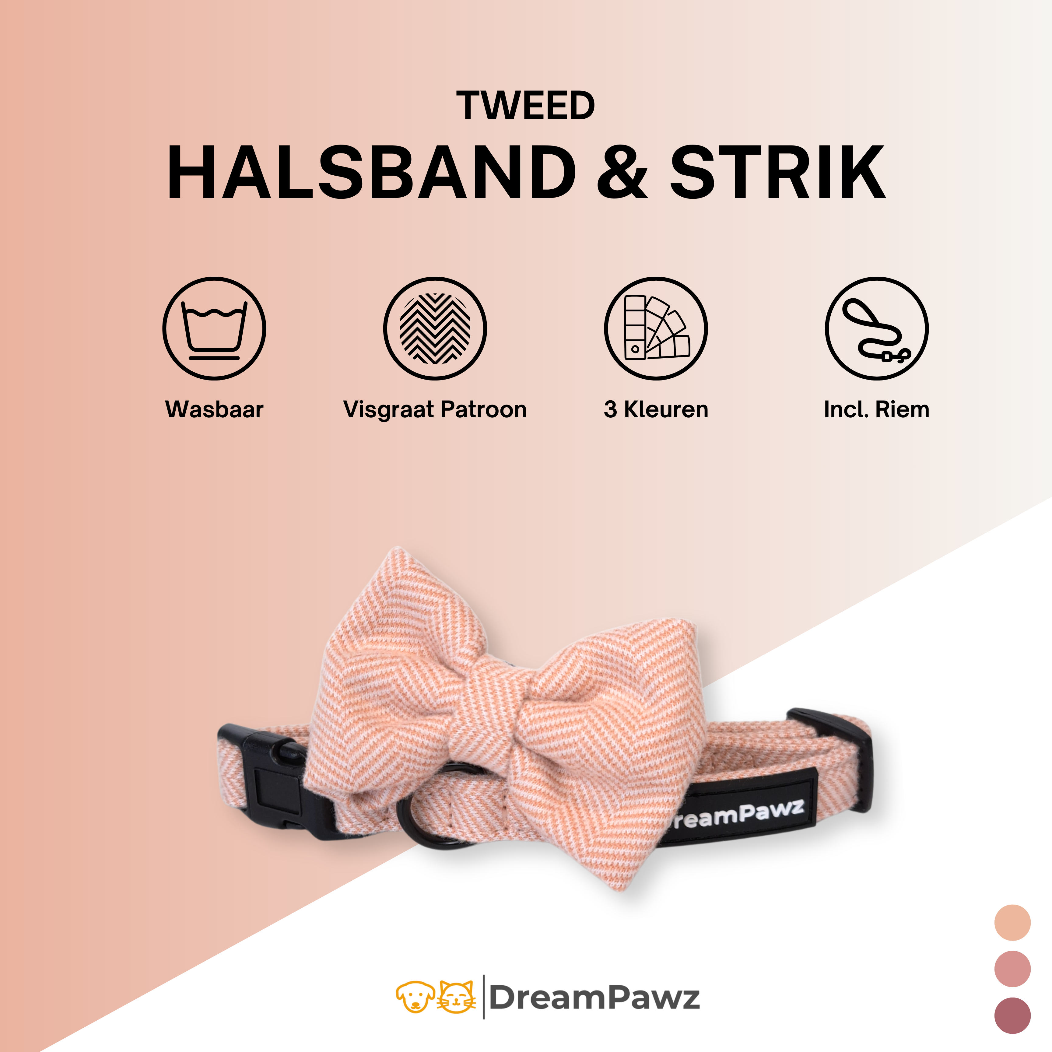 DreamPawz - 3-Delige Set van Halsband met Strik & Leiband - Visgraat - DreamPawz