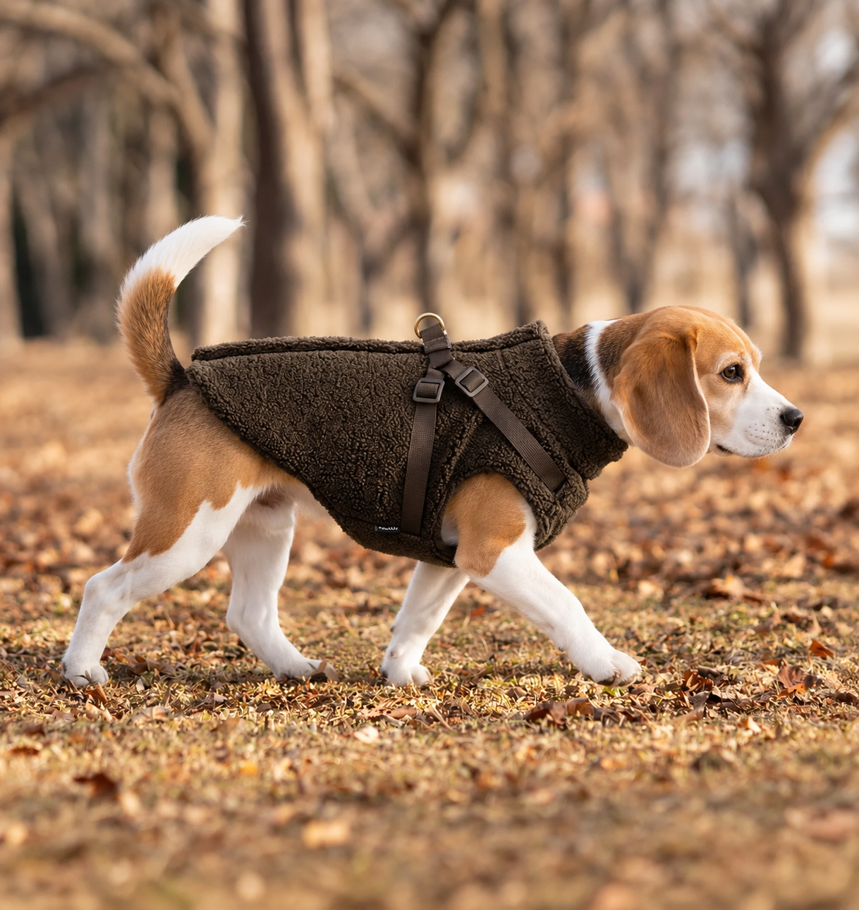 Beagle loopt in de grasbuitenlucht en draagt een bruine VPETBR teddy hondentrui met geïntegreerd tuigje.