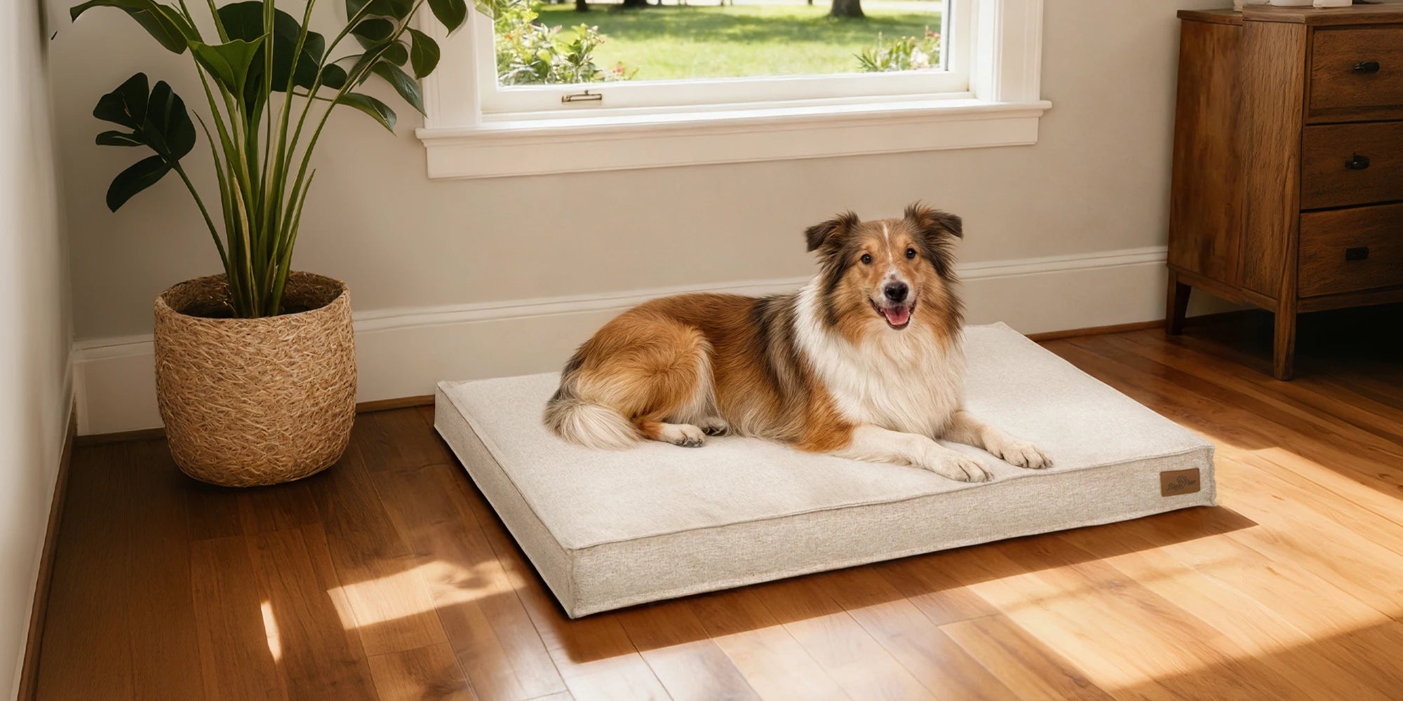 Hond ligt comfortabel op een beige BINGOPAW orthopedisch hondenkussen in een moderne woonkamer