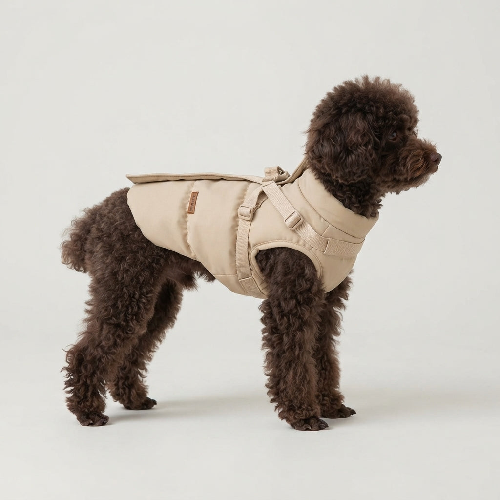 Toypodel staat rustig in de fotostudio met een beige winterjas voor honden
