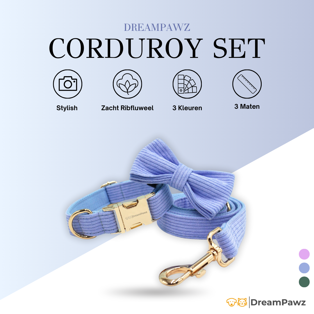Corduroy Set met Strik, Halsband & Riem - DreamPawz
