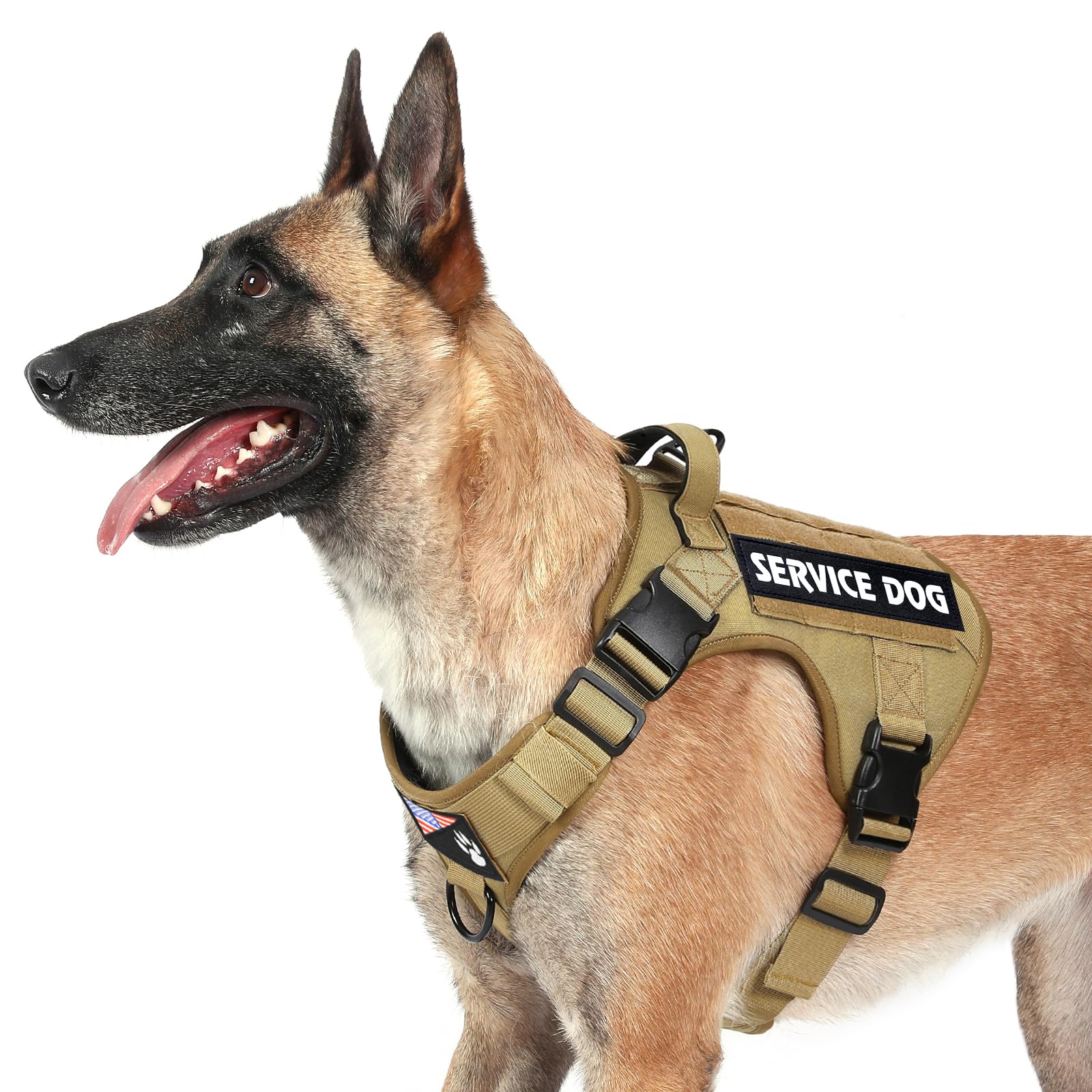 Bruin hondentuigje met 6 patches op modelhond