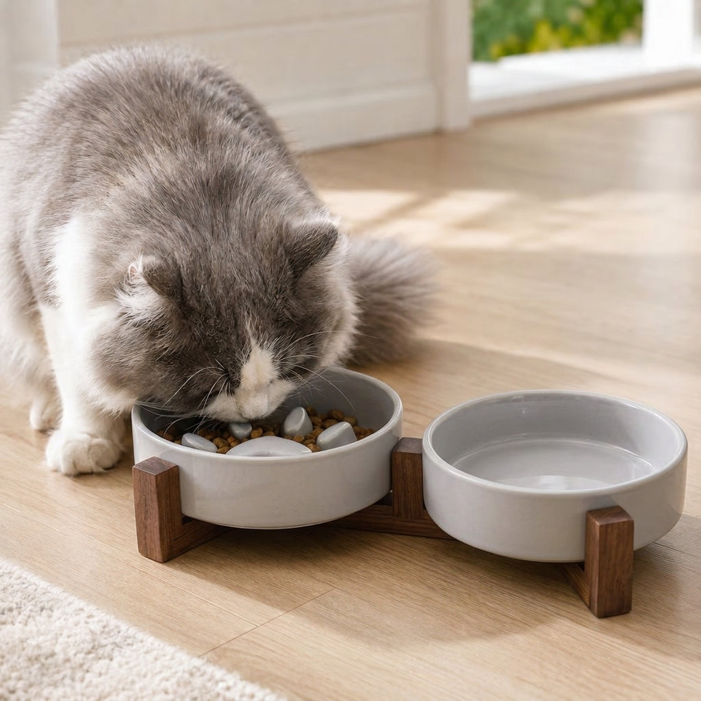 Pluizige kat eet uit een ergonomische keramische voederbak met anti-schrok inzet en donker houten standaard