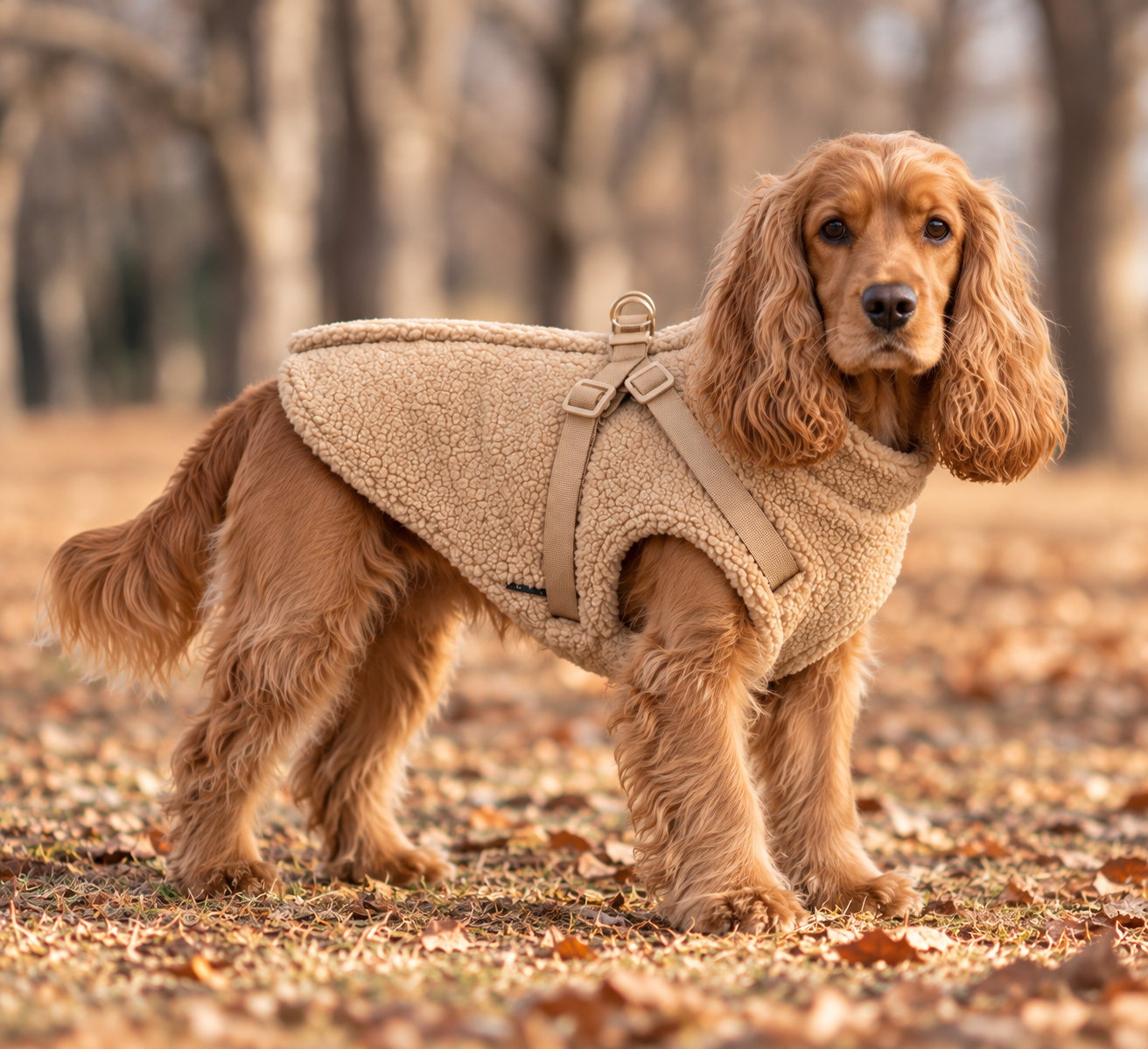 Cocker spaniel staat in de grasbuitenlucht en draagt een beige VPETBR teddy hondentrui met geïntegreerd tuigje.