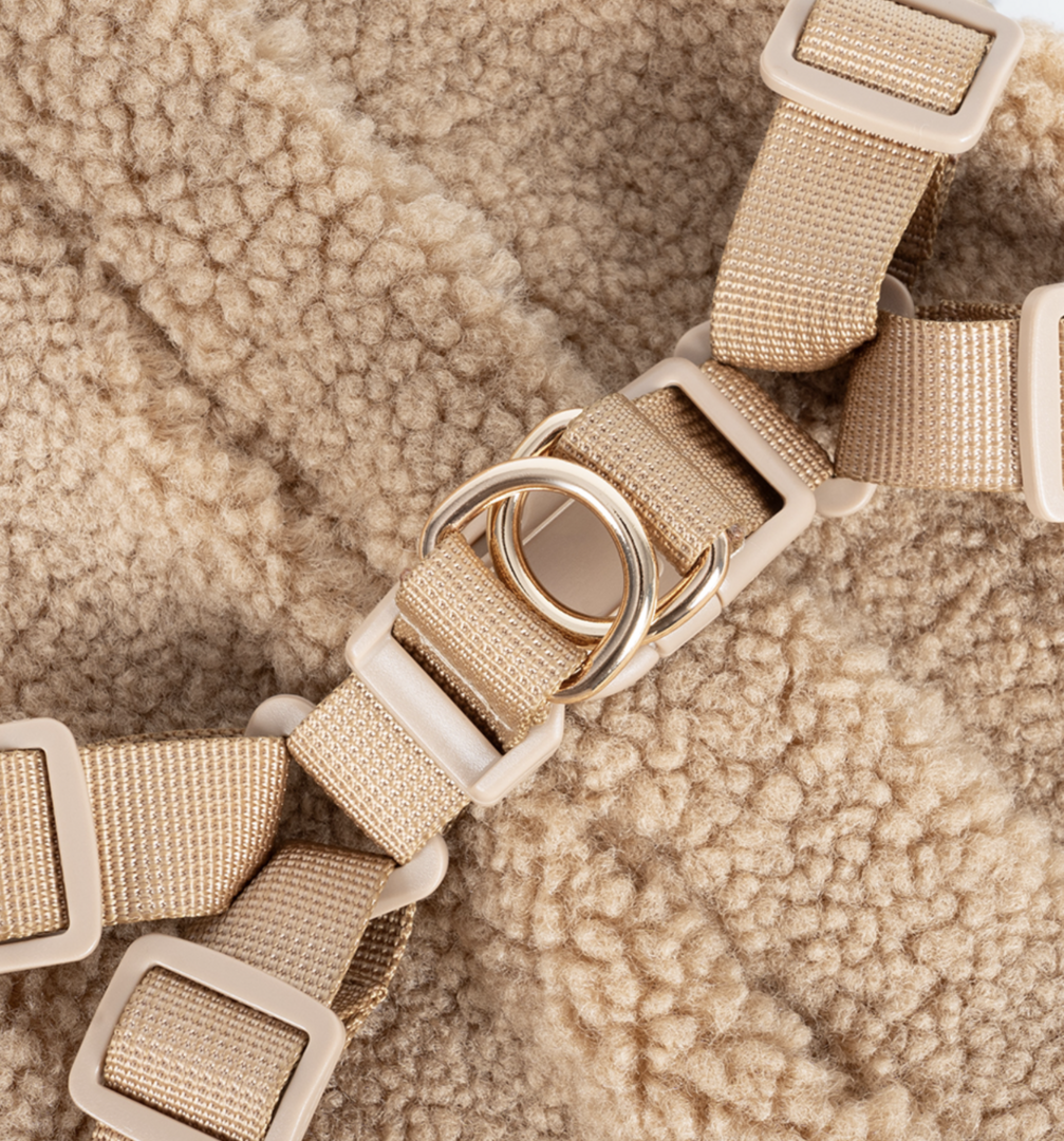 Detailfoto van de sluiting aan het beige tuigje