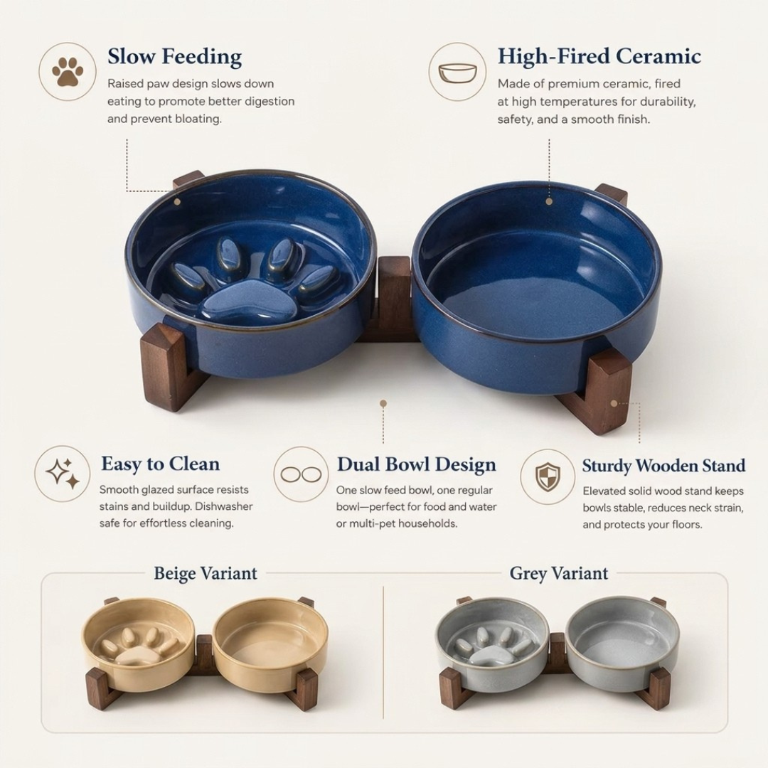 Infographic met de unieke producteigenschappen van de luxe keramische voederbakken met donker acaciahout en ergonomische hoogte