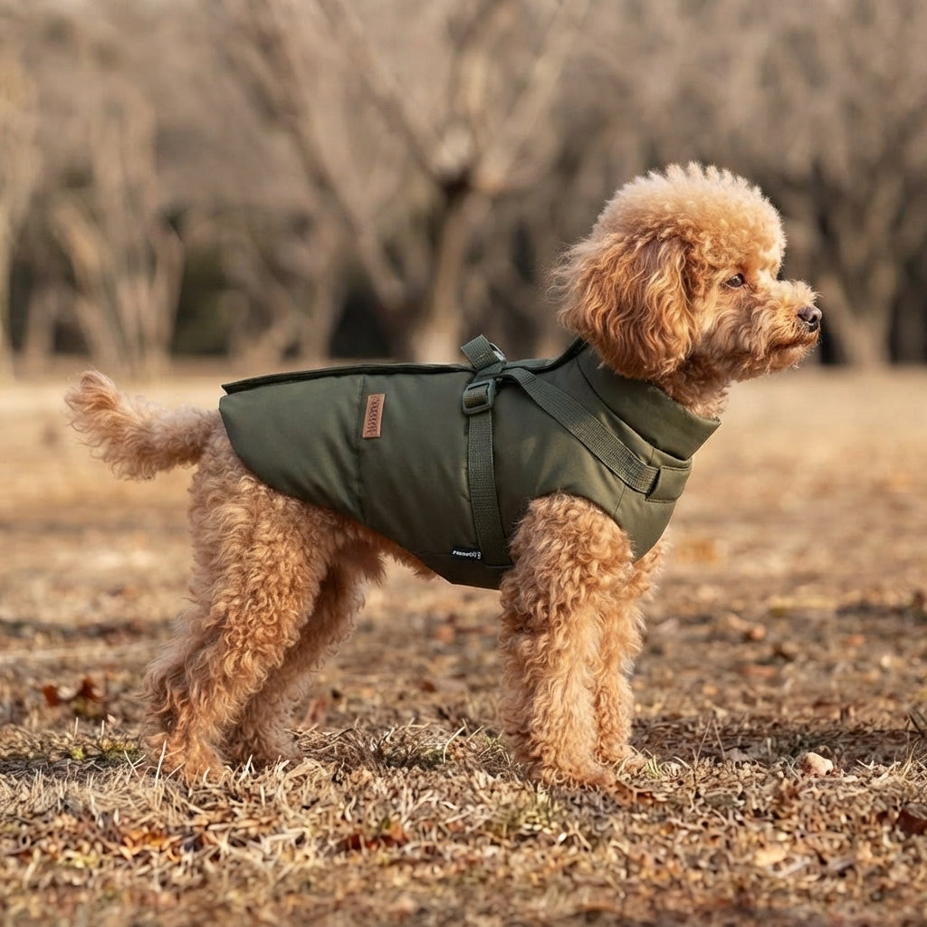 Stijlvolle groene waterdichte hondenjas van VPETBR gedragen door een hond tijdens een boswandeling