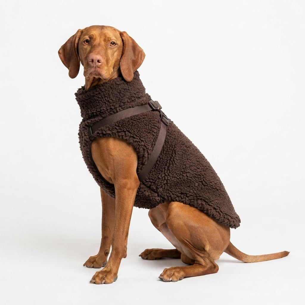 Grote hond staat draagt een bruine VPETBR teddy hondentrui met geïntegreerd tuigje.
