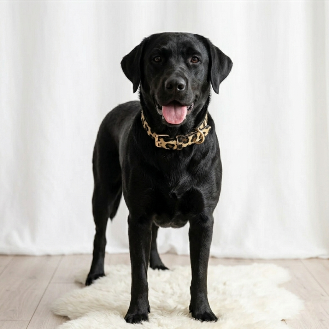 Hondenhalsband met panter print op grote zwarte hond vooraanzicht