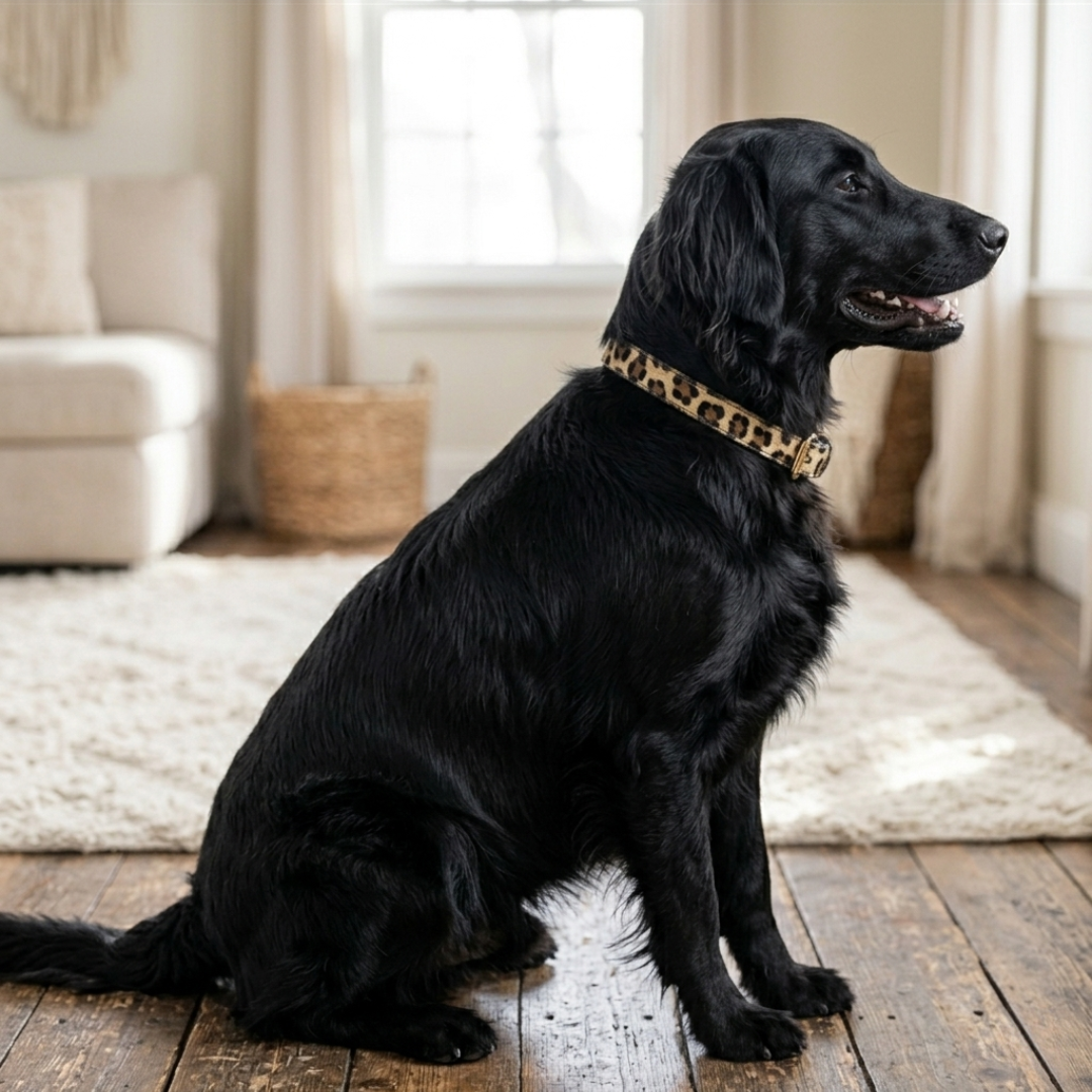 Hondenhalsband met panter print op zwarte grote hond zijaanzicht