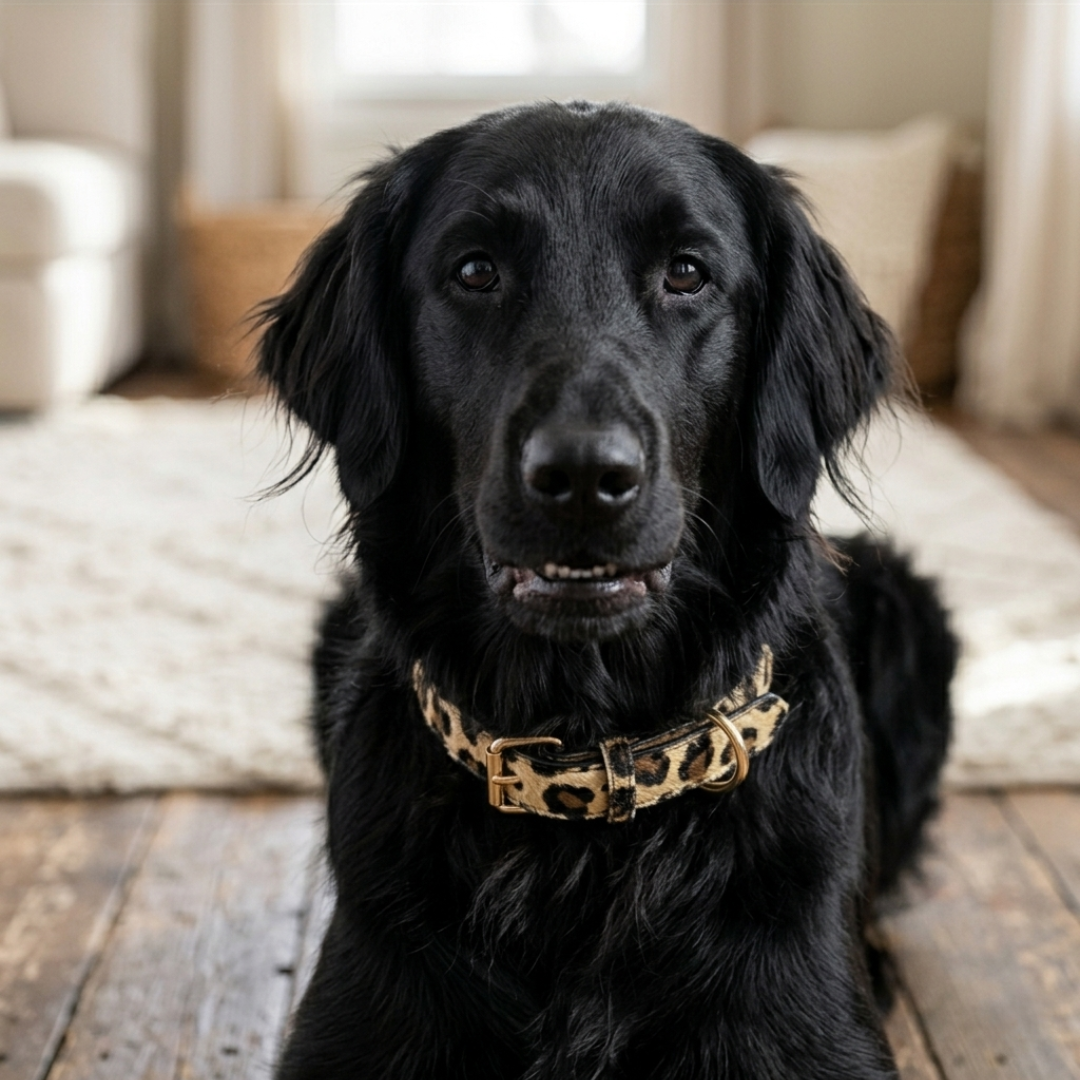 Hondenhalsband met panter print vooraanzicht op zwarte hond
