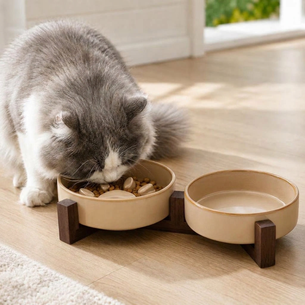 Pluizige kat eet uit een ergonomische keramische voederbak met anti-schrok inzet en donker houten standaard