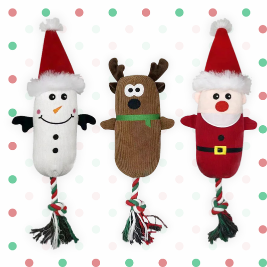 Kerst hondenspeelgoed set met Kerstman, Sneeuwpop en Rendier met pieper en trekkoord