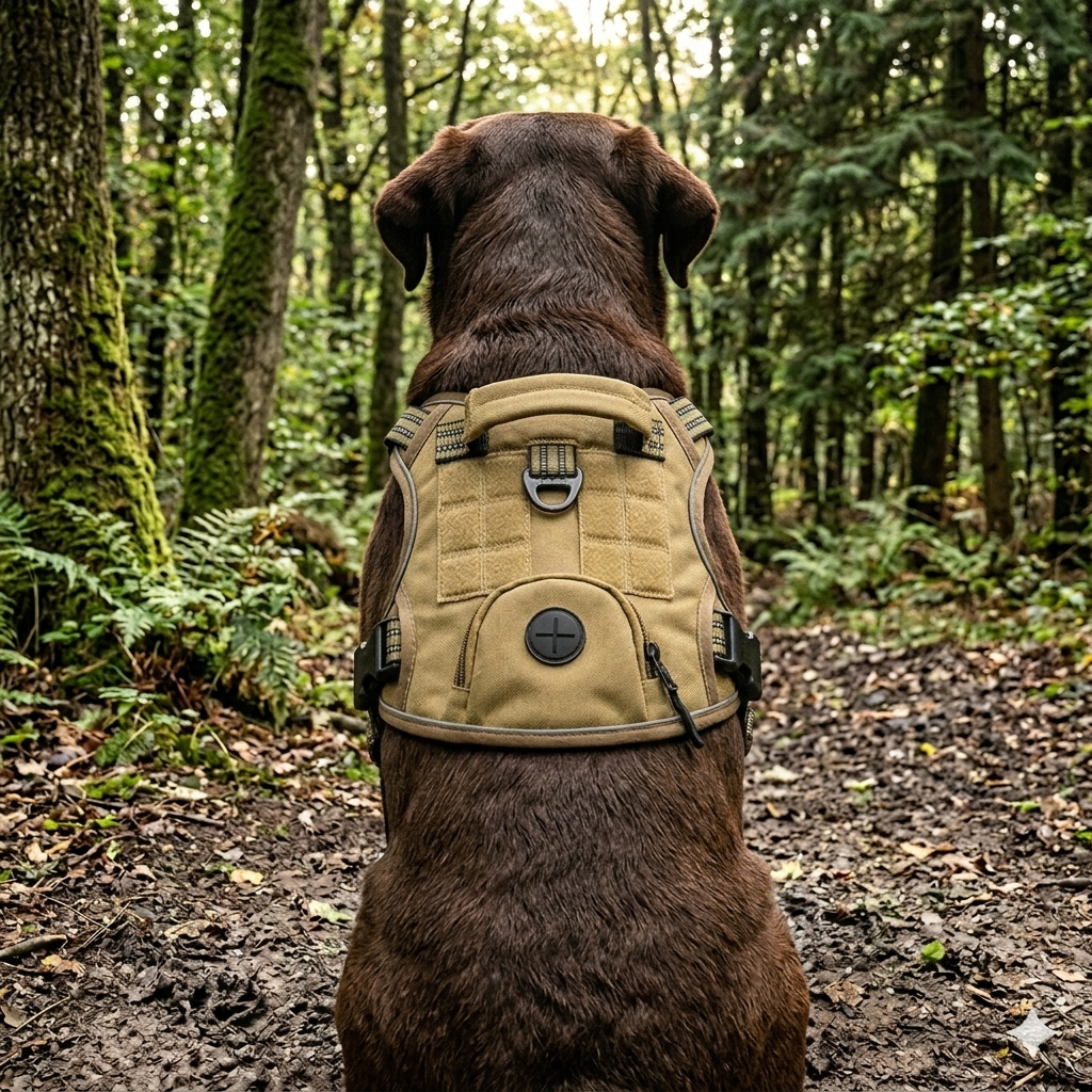Bruin tactisch hondenharnas voor grote honden met reflecterende details en geïntegreerde poepzakjesdispenser op modelhond