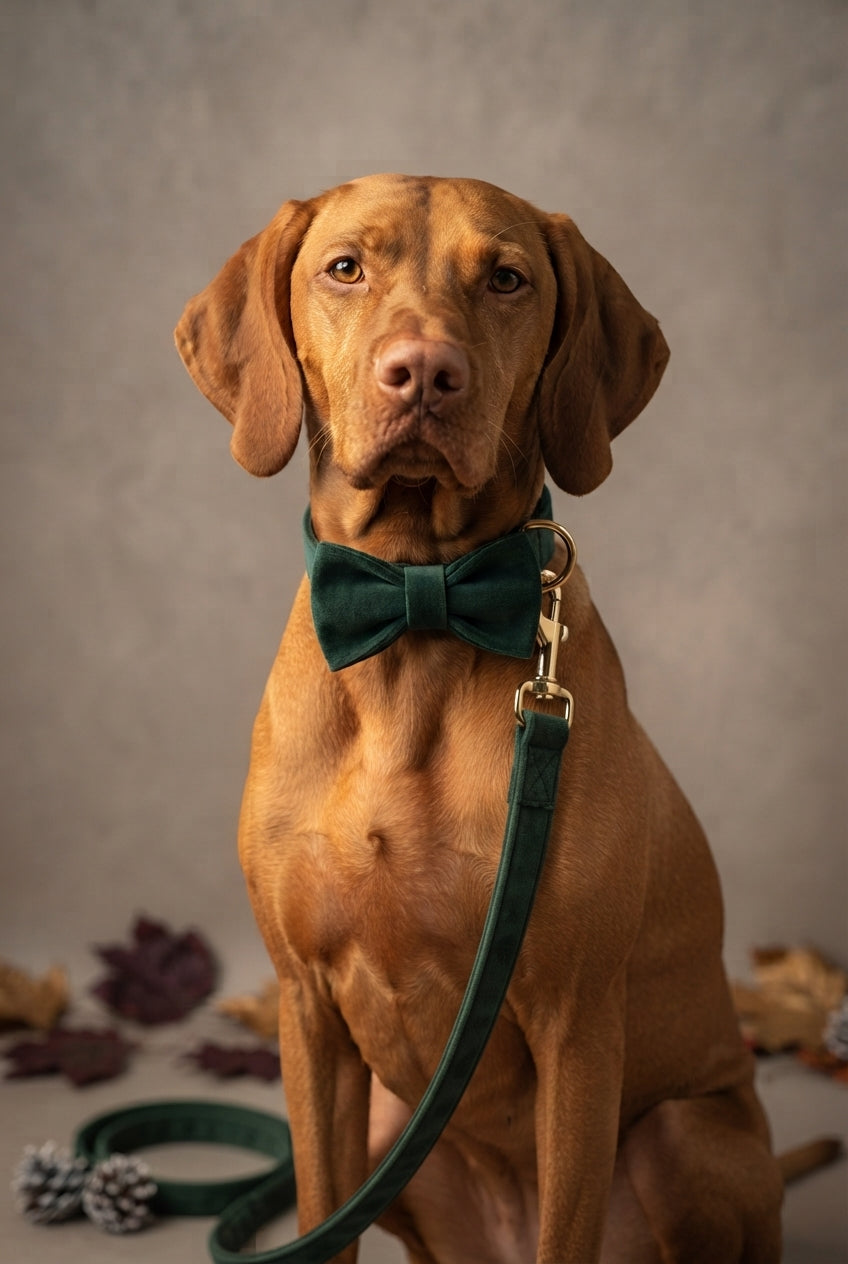 DreamPawz Velvet Green honden halsband en lijn set in donkergroen fluweel met gouden D-ring om de nek van een hond tijdens een najaars- of kerstfotoshoot.