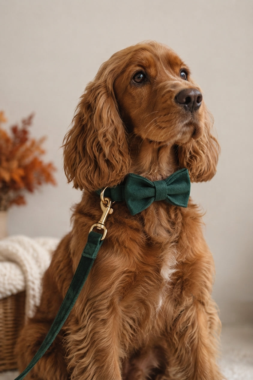 DreamPawz Velvet Green honden halsband en lijn set in donkergroen fluweel met gouden D-ring om de nek van een hond tijdens een najaars- of kerstfotoshoot.