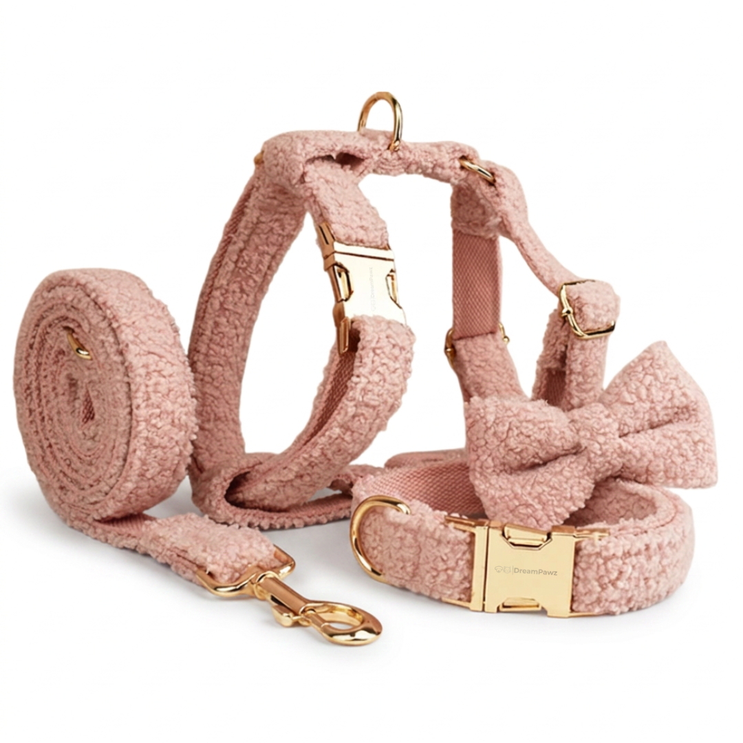 Teddy Ready - 4-Delige Set met Tuigje, Halsband, Riem en Strik - Roze