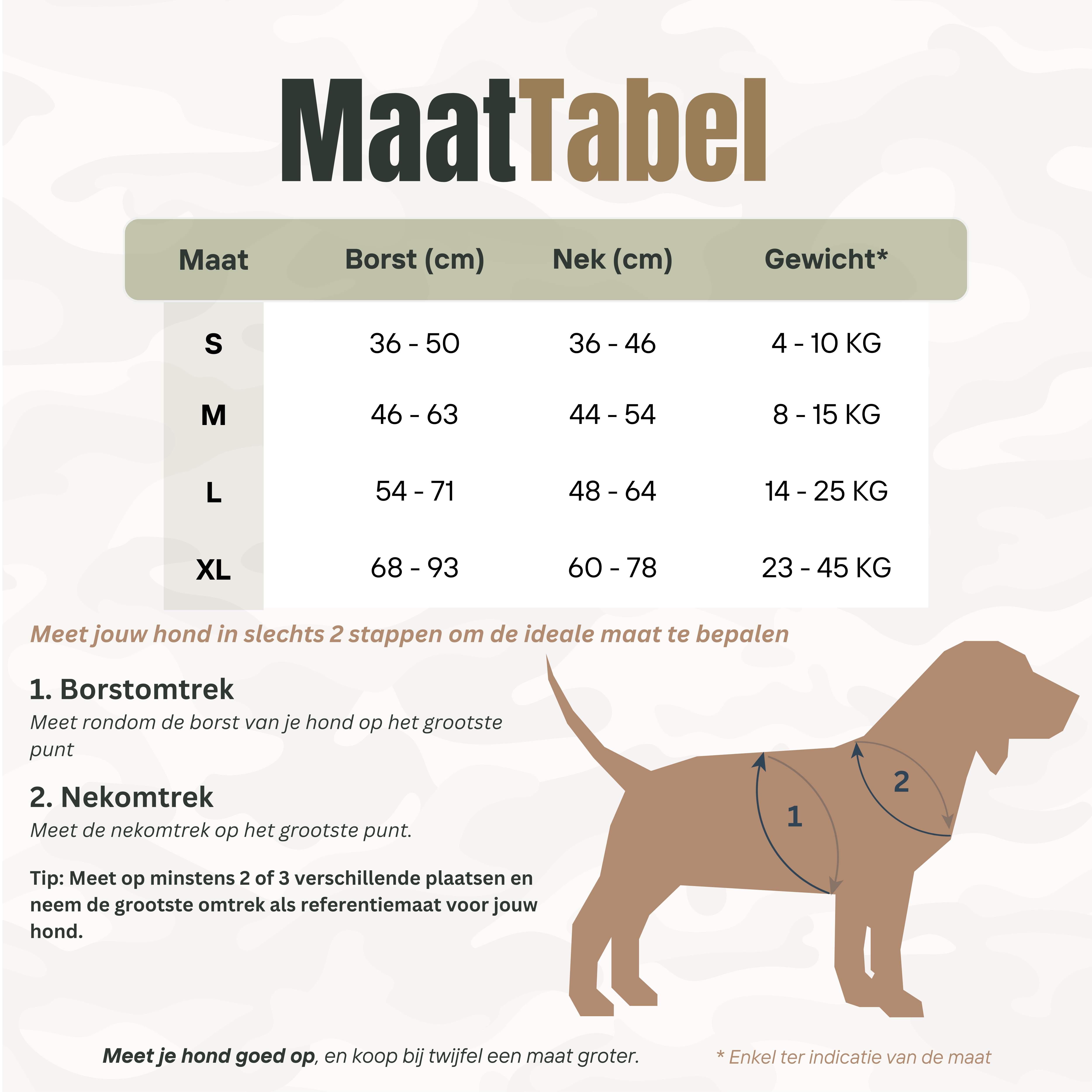 Maattabel voor het DreamPawz tactisch hondenharnas met instructies voor borstomtrek en nekomtrek