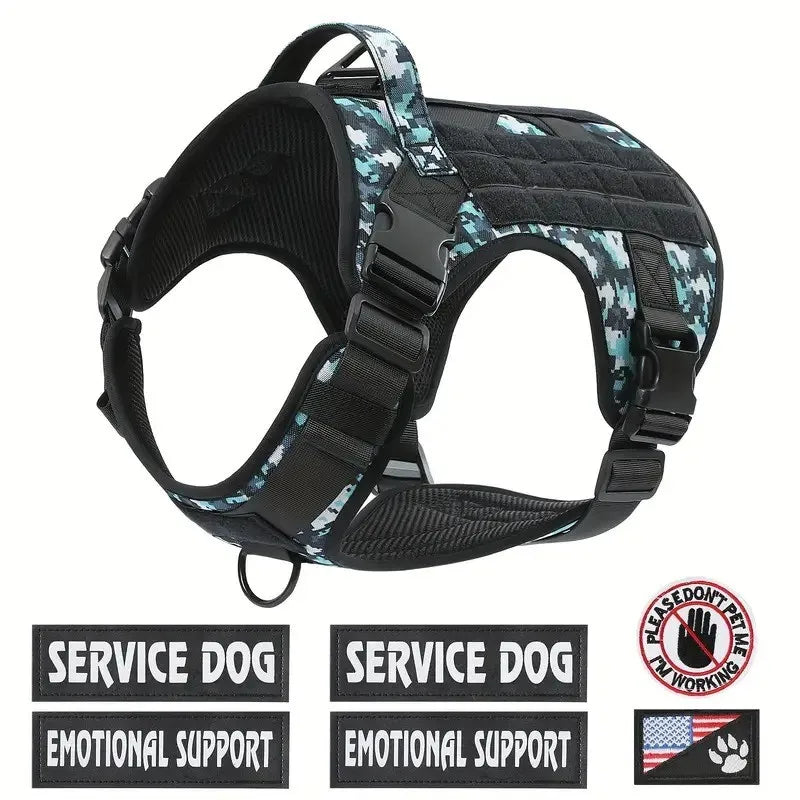 Zwart-blauw hondentuigje met 6 patches op modelhond