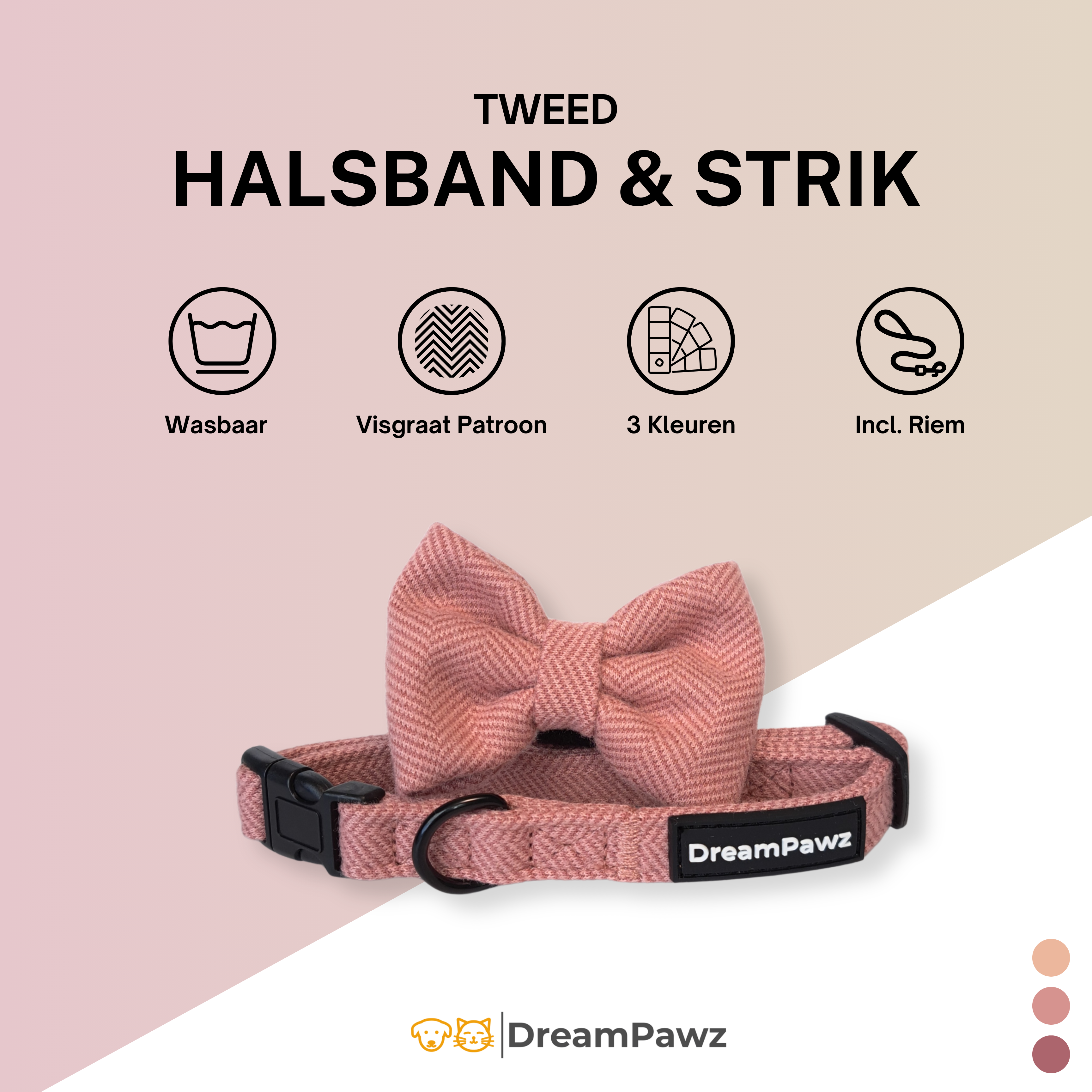 DreamPawz - 3-Delige Set van Halsband met Strik & Leiband - Visgraat - DreamPawz