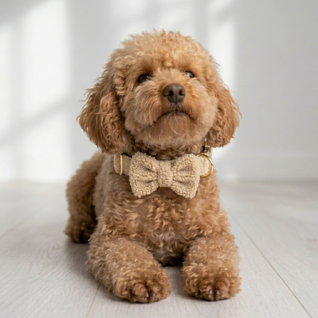 beige halsband en strik teddy ready gedragen door hond