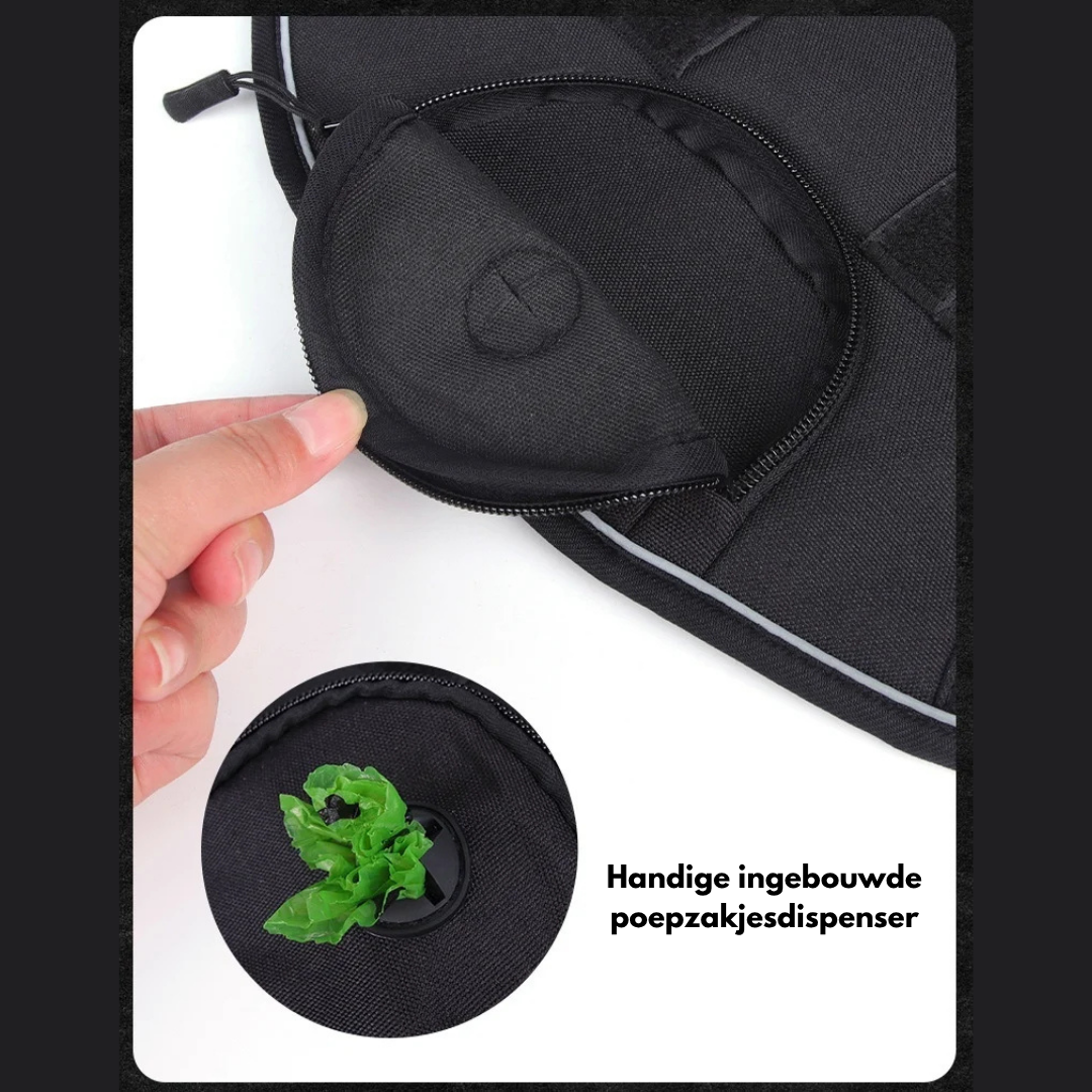Geïntegreerde poepzakjesdispenser in het tactisch hondenharnas met reflecterende details en geïntegreerde poepzakjesdispenser