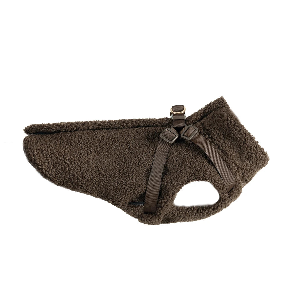 Bruine teddy hondentrui van VPETBR met zichtbare rugrits, stap-in opening en geïntegreerd tuigje met D-ringen.